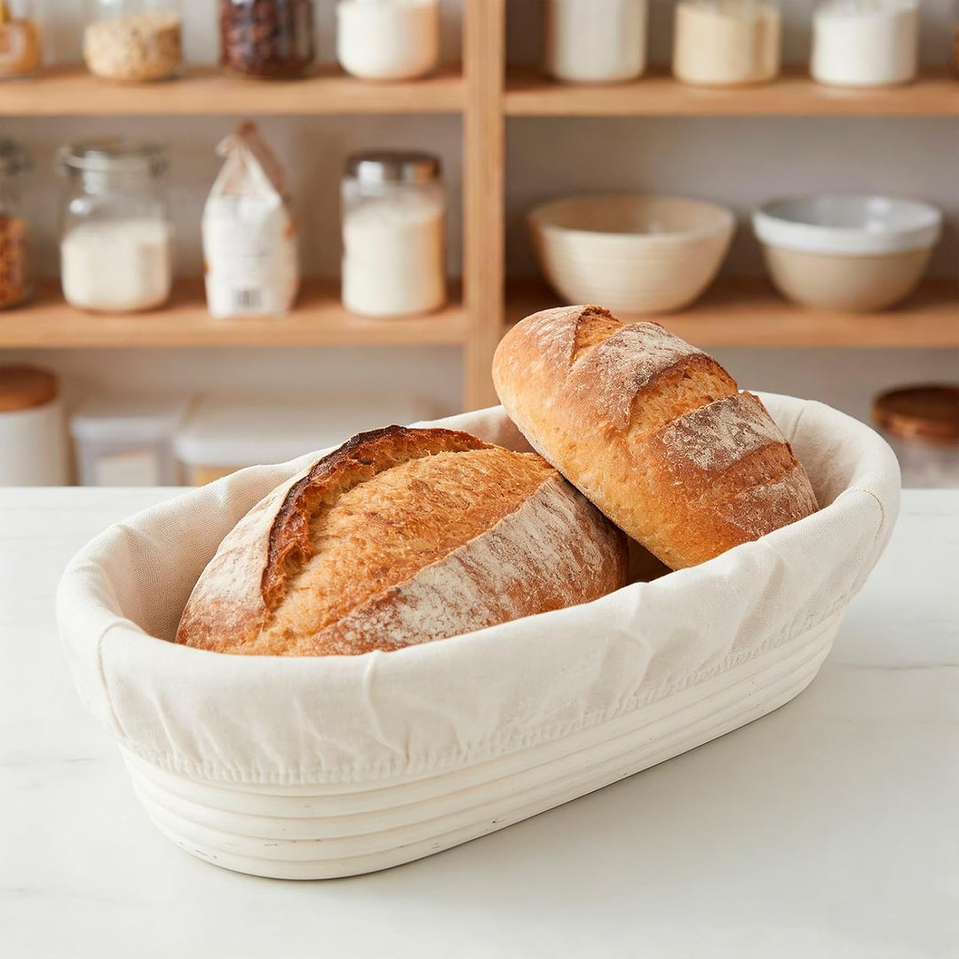 2 Stück Gärkörbchen Oval, 35 x 15 x 8cm Gärkorb für Brot mit Leineneinsatz, Brotkörbchen zum Backen