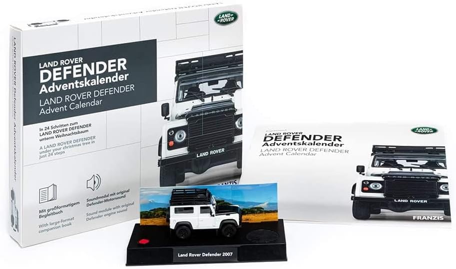 FRANZIS 67155 - Land Rover Defender Adventskalender, Metall Modellbausatz im Massstab 1:43, inkl. So