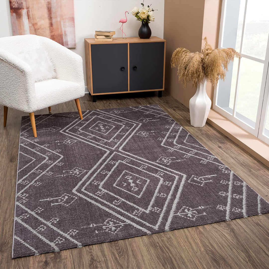 payé Teppich Wohnzimmer Ethno Berbermuster - Grau 140x200cm - Hochflor weich Boho Schlafzimmer Flur