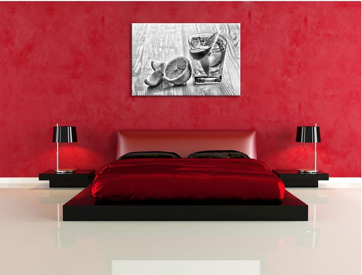 Pixxprint Monocrome, Gin Tonic Shot mit Zitronen, Format: 100x70 auf Leinwand, 100x70