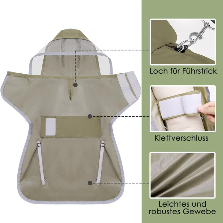 Hunderegenmantel, Leichter Wasserdichter Regenmantel mit Kapuze für kleine, mittlere & grosse Hunde,