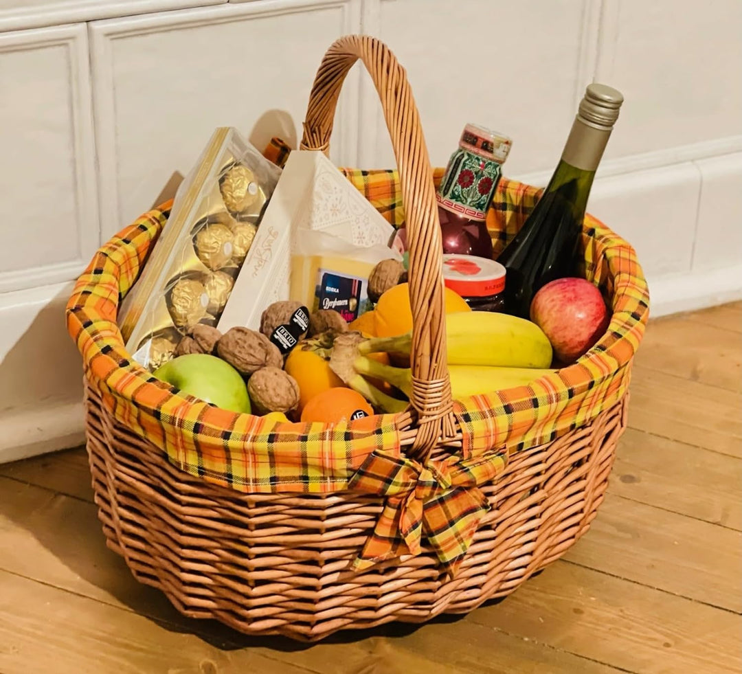 grosser Einkaufskorb aus Weide, mit Karierter Textileinlage, Bügelkorb, Weidenkorb,