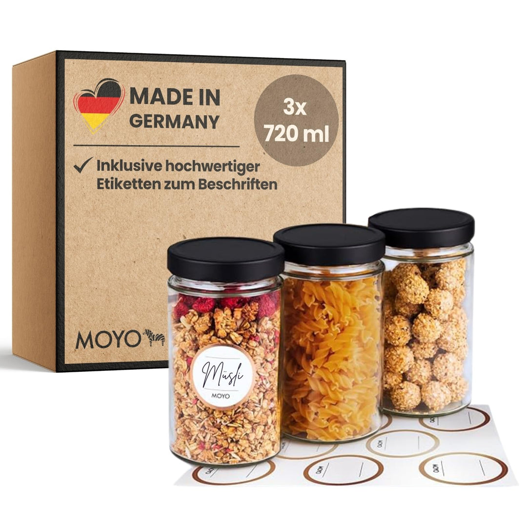 MOYO Vorratsgläser mit Deckel | Vorratsdosen Glas Made in Germany | 3er Set - 720ml | edle luftdicht