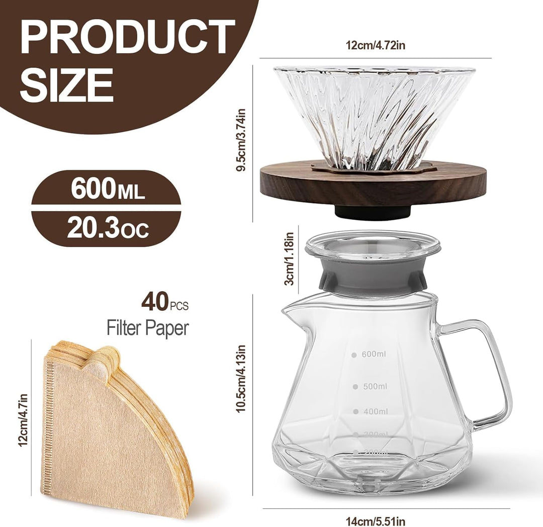 Handfilter-Kaffeebrüher, 600 ml/20 oz Karaffe aus Borosilikatglas mit Papierfiltern, Sockel aus Waln