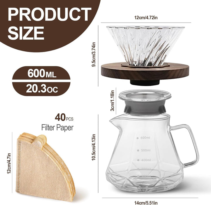Handfilter-Kaffeebrüher, 600 ml/20 oz Karaffe aus Borosilikatglas mit Papierfiltern, Sockel aus Waln