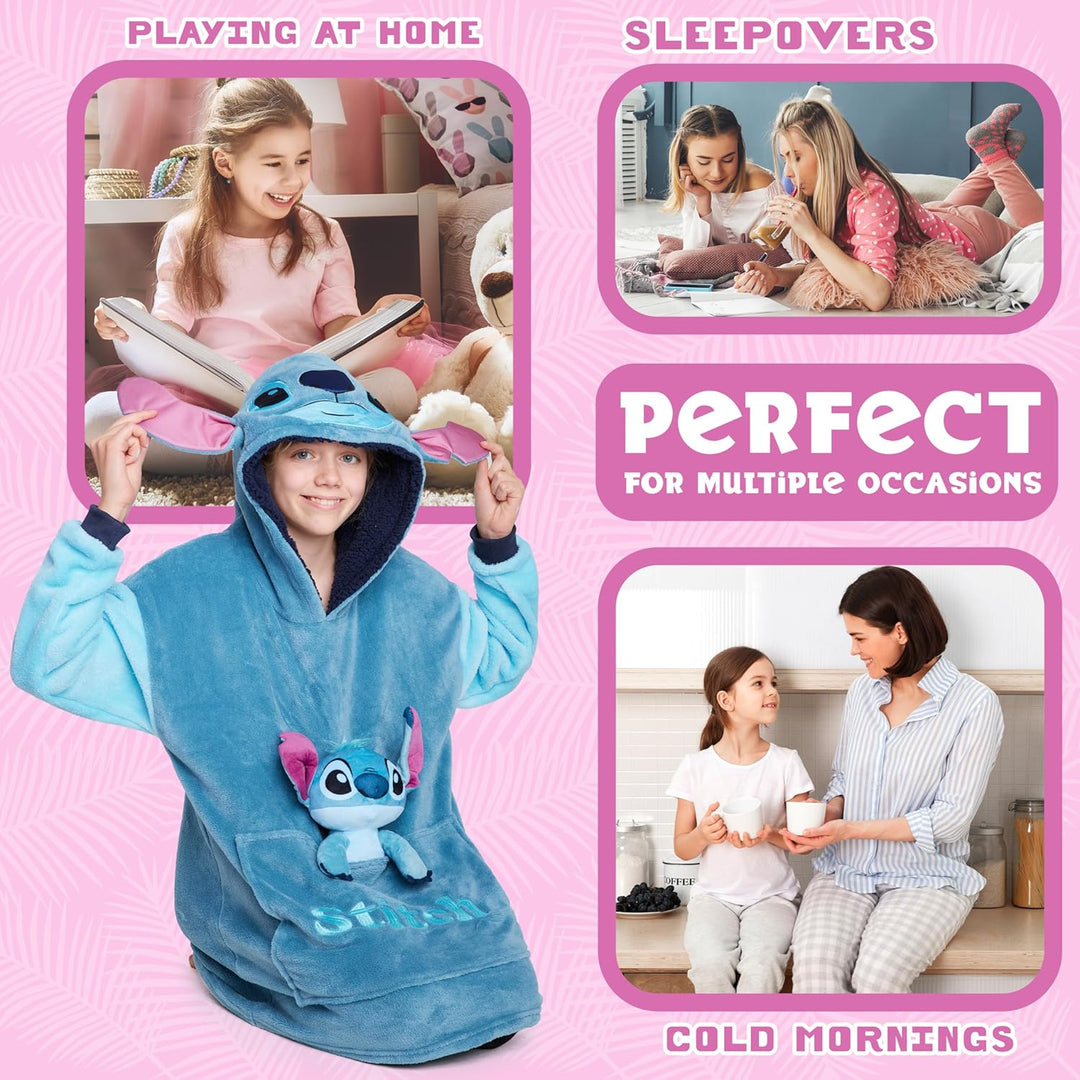 Disney Stitch Hoodie-Decke Kinder, Kapuzenpullover Mädchen mit Sherpa-Kapuze, 3D-Ohren, Kängurutasch