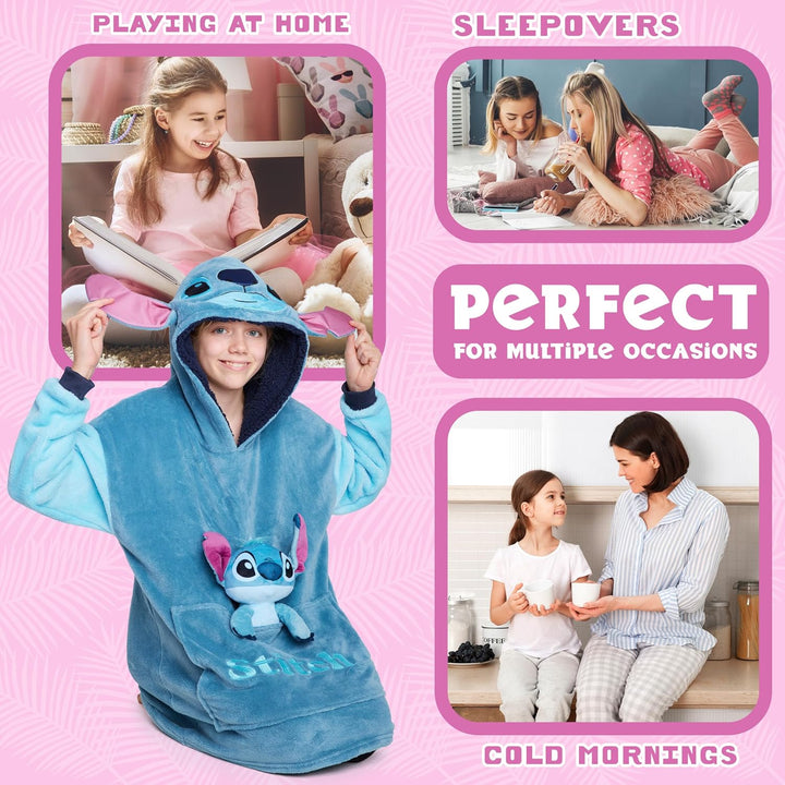 Disney Stitch Hoodie-Decke Kinder, Kapuzenpullover Mädchen mit Sherpa-Kapuze, 3D-Ohren, Kängurutasch