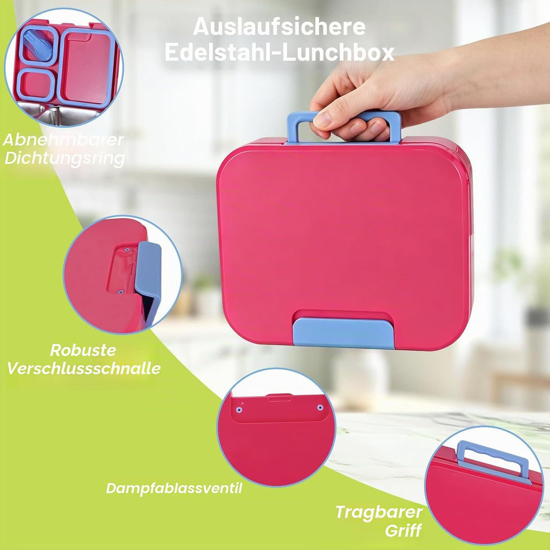 Brotdose Edelstahl-Lunchbox 1100ml 3 Fächern Rosenrot | Für Kinder und Erwachsene, Auslaufsicher, Mi
