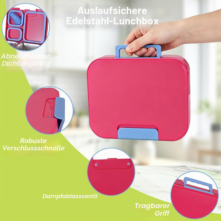 Brotdose Edelstahl-Lunchbox 1100ml 3 Fächern Rosenrot | Für Kinder und Erwachsene, Auslaufsicher, Mi