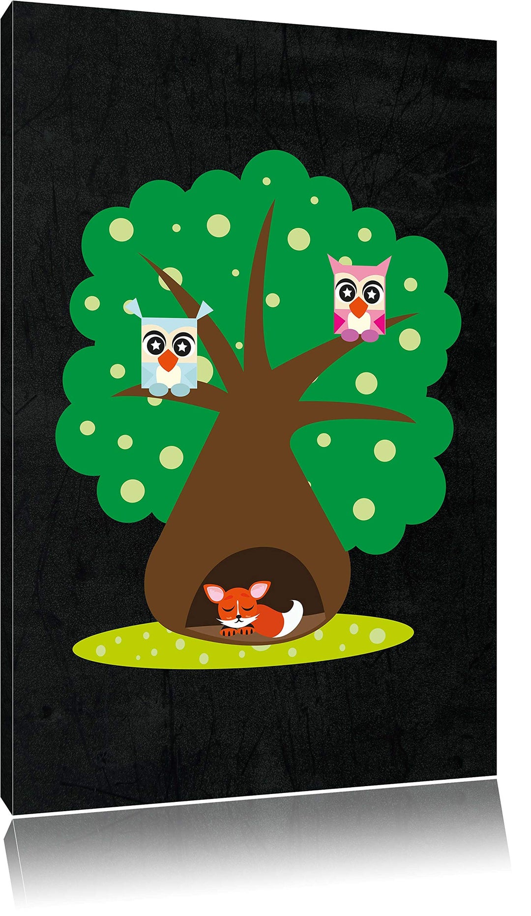 Pixxprint Baum mit niedlichen Eulen und süssem Fuchs schwarz, Format: 70x100 auf hochkantiges Leinwa