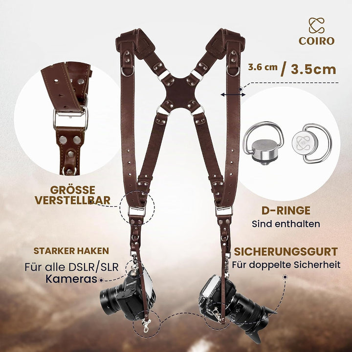 C Coiro Kameragurt für 2 Kameras - Dual Shoulder Leder Kameragurt - Doppel Kameragurt für DSLR/SLR,