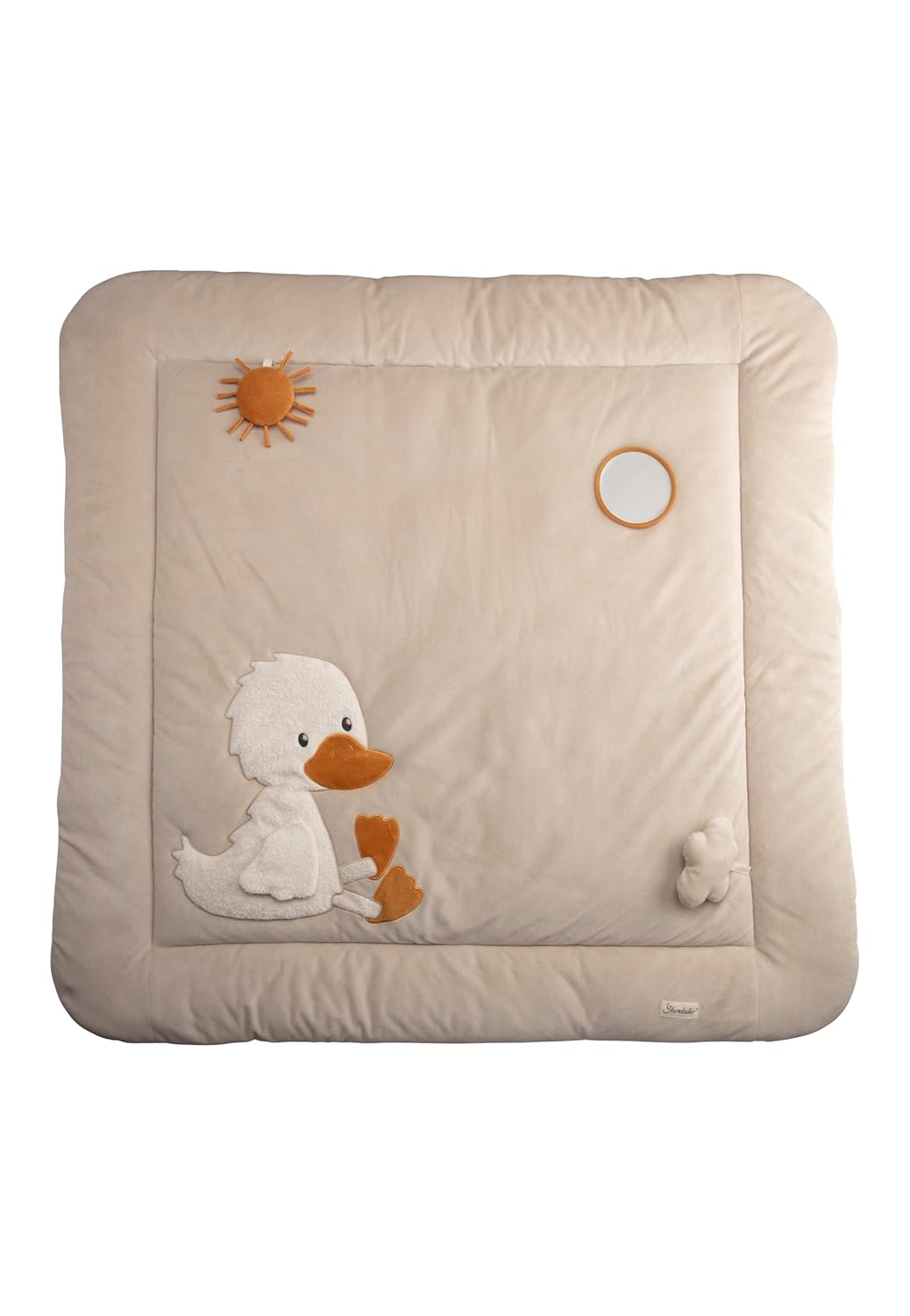 Spieldecke Ente Edda Lou, Baby Krabbeldecke 100 x 100 cm mit Spiegel, Knisterpapier, Quietsche und R