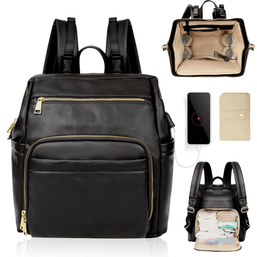 MISS FONG Wickelrucksack Wickeltasche Leder, Baby Rucksack Wickelrucksack Grosse Kapazität Mit 13 Wi