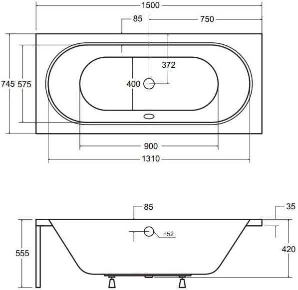 KOLMAN Badewanne VITAE Rechteck 150x75 mit Styroporverkleidung, Ablaufgarnitur und Füssen Komplettse