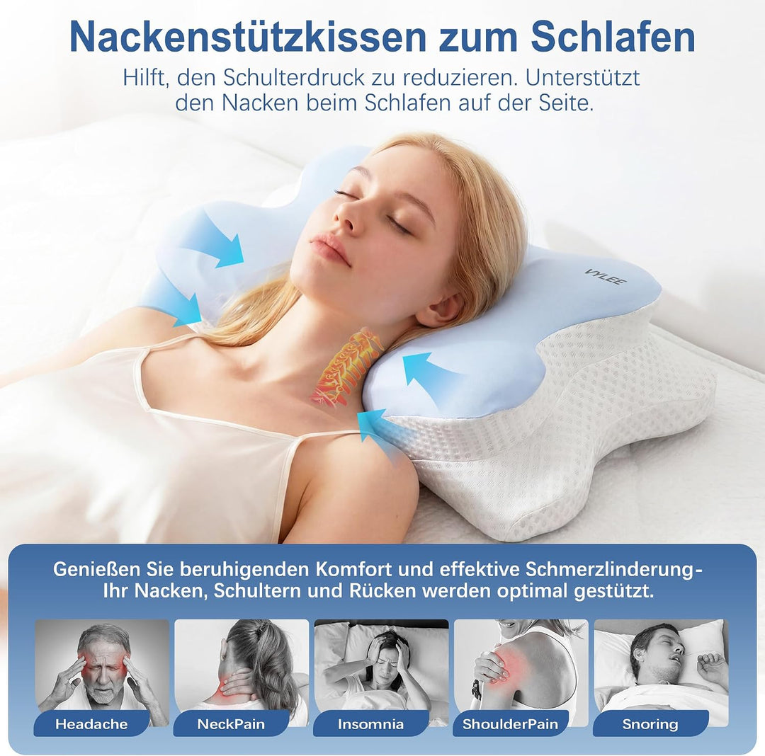 VYLEE Ergonomisches Nackenkissen Memory Foam Kopfkissen für Rücken-, Seiten- und Bauchschläfer, Schl