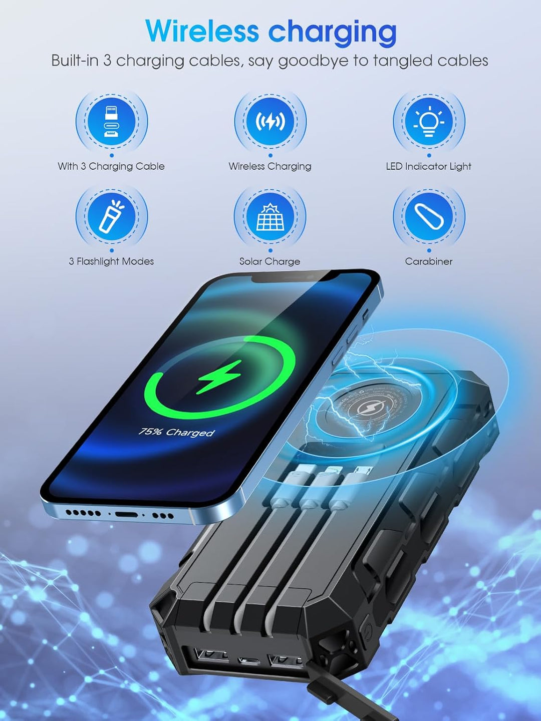 Solar Powerbank 26800mAh, 30W PD 3.0A USB C Power Bank Schnellladen mit 3 Kabeln, (2 USB & 1 Type-c)