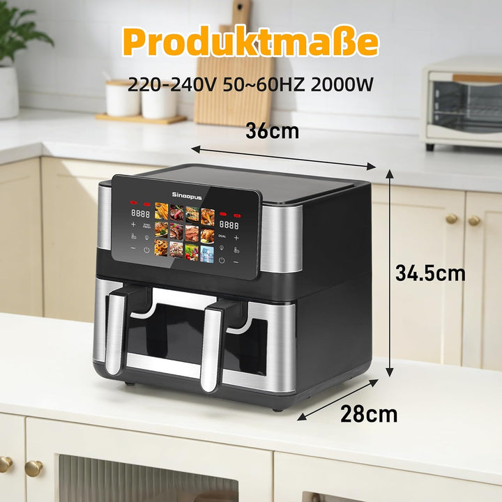 Heissluftfritteuse 2000W mit 2 Kammern XXL 8.5L, Airfryer mit Sichtfenster, LED Touchscreen, 60-200°