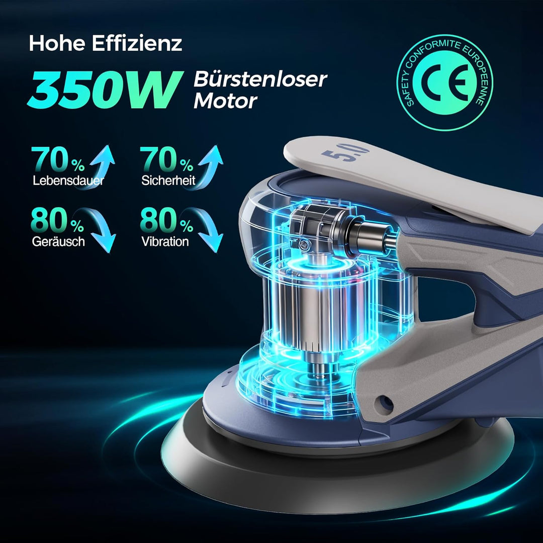 Bürstenloser Exzenterschleifer mit 125mm/150mm Schleifteller, 350W Schleifmaschine für Holz mit 20 S
