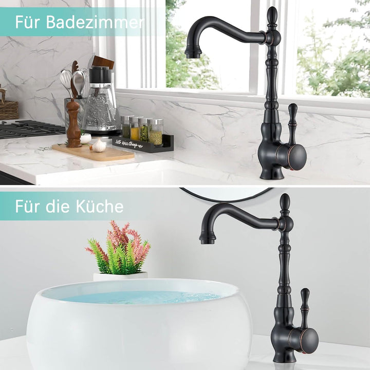 Suguword Schwarz Antikes Retro Einhebelmischer Bad Wasserhahn Waschtisch Armatur mit 360 ° schwenkba