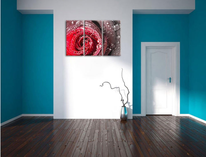 Pixxprint Rose mit Wassertropfen als Leinwandbild/Grösse: 3 Teilig (120x80) cm/Wandbild/Kunstdruck/f