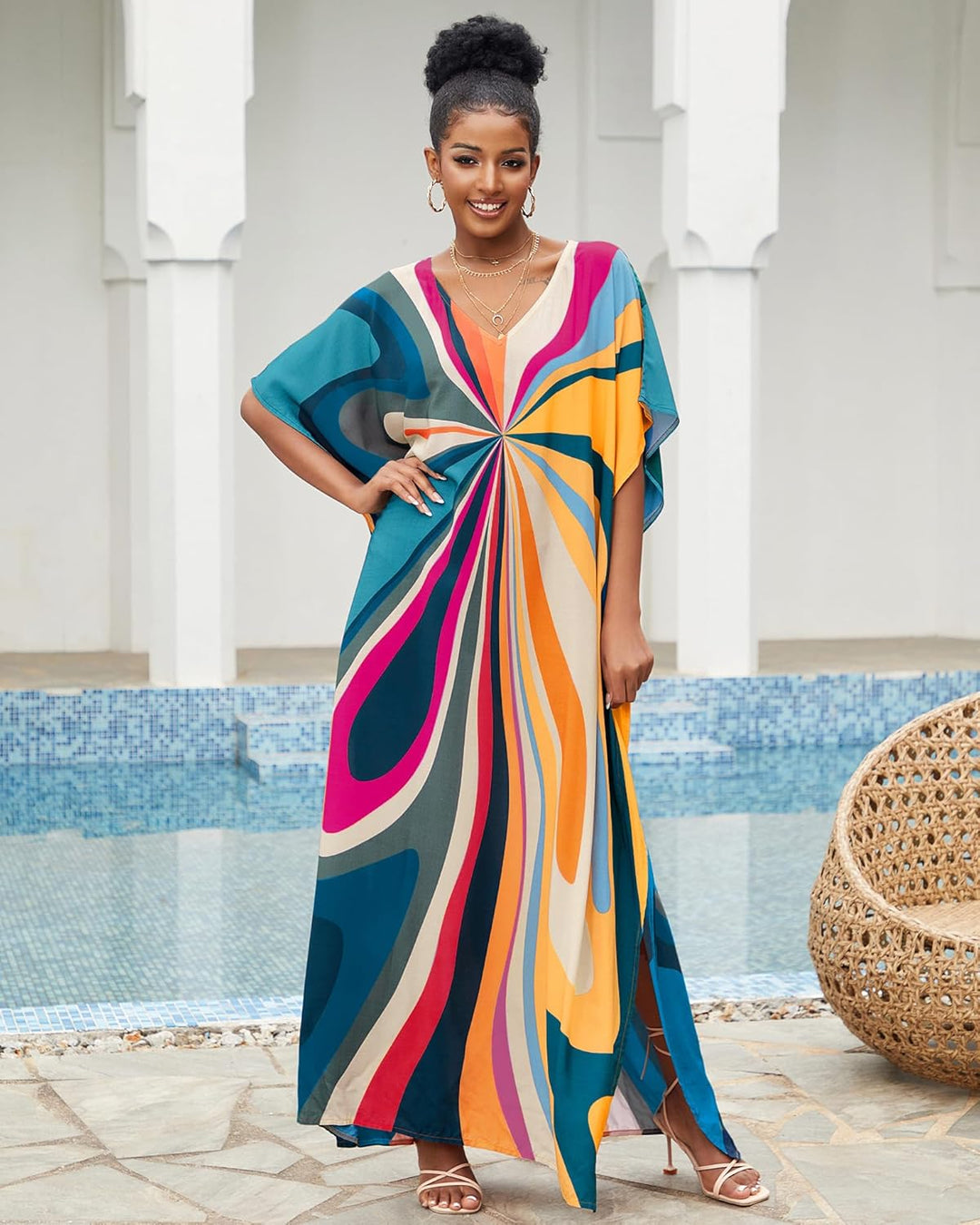 Bsubseach Damen Strandkleid Ethnic Print Kaftan Beach Maxi Kleider Blaue Geometrie, Blaue Geometrie