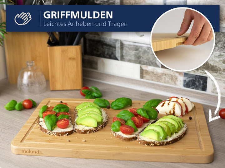 Molunda Schneidebrett Holz - Antiseptisches Hochwertiges Bambus Küchenbrett, Gross mit Griffen und S