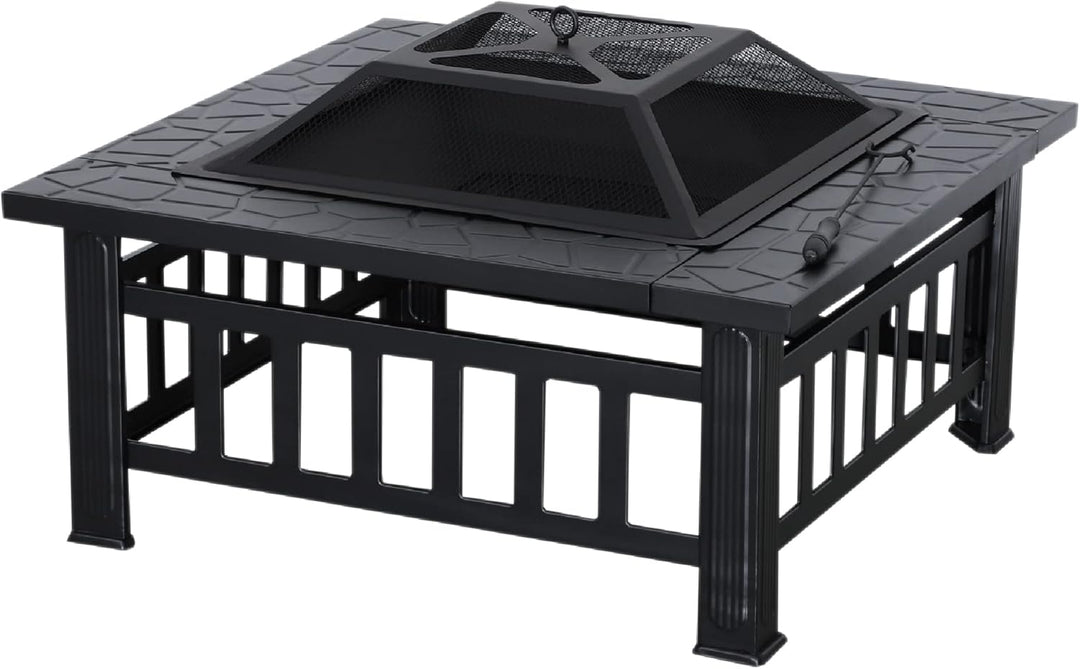 M MCombo Feuerschale mit Grillrost & Funkenschutz, Feuerkorb mit Schürhaken, Feuerstelle für Garten,