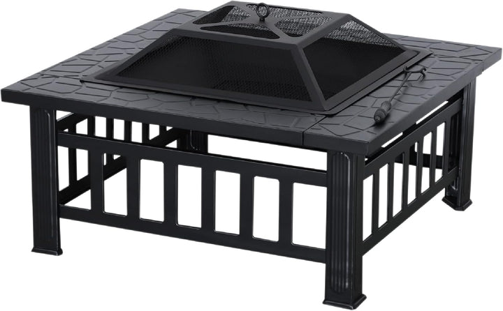 M MCombo Feuerschale mit Grillrost & Funkenschutz, Feuerkorb mit Schürhaken, Feuerstelle für Garten,