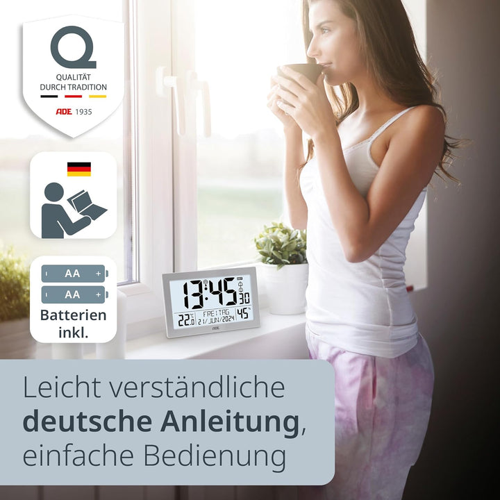 ADE Digitale Funkuhr mit grossem XL-Display | Kalender | mit Temperaturanzeige & Hygrometer | Wanduh