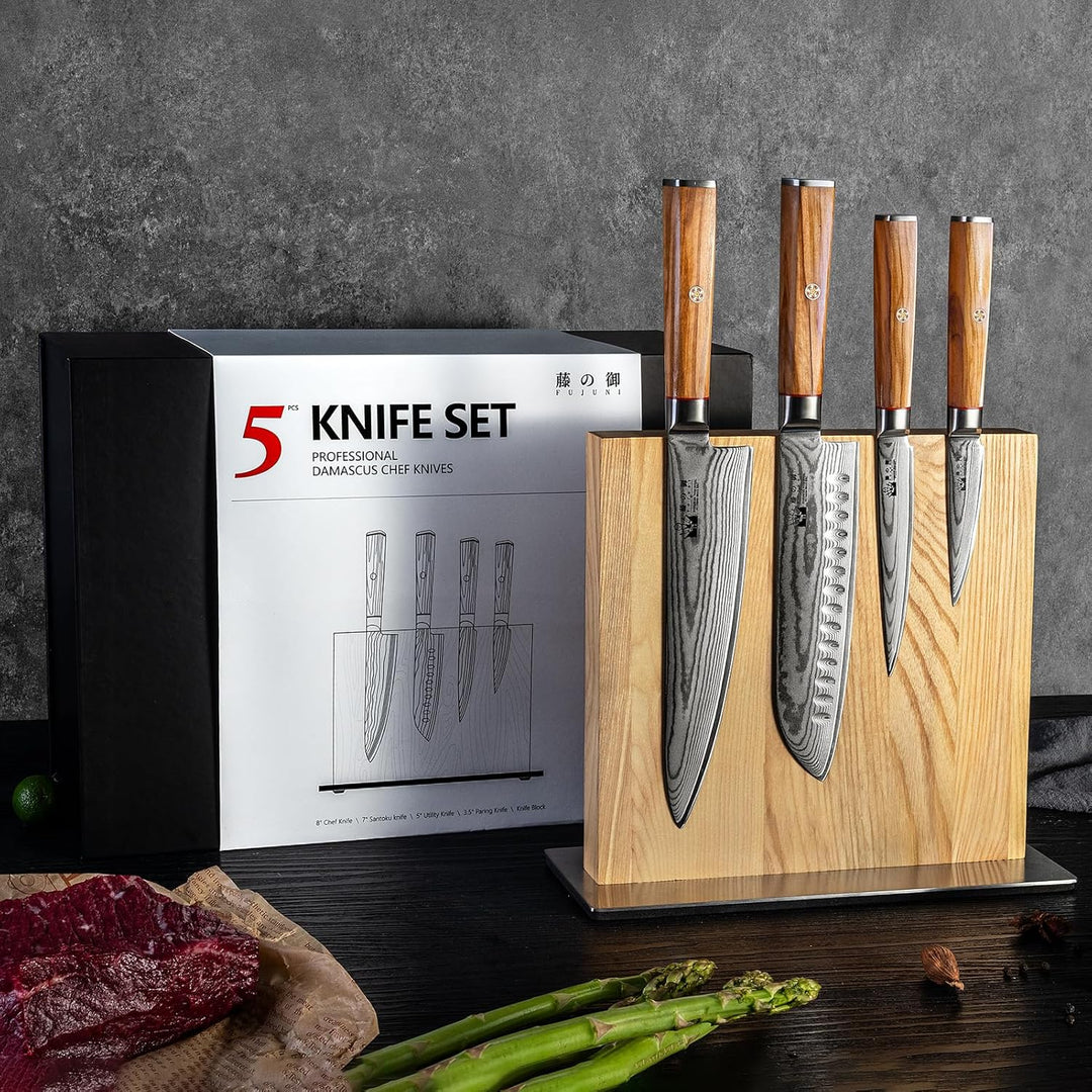 FUJUNI Damastmesser Set mit Block, 5-Teilig Messerset Damast Mit Extrem Scharf Klinge Aus 67 Lagen V