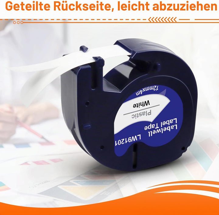 Labelwell 5x Kompatibel für Dynmo 91221 S0721660 91201 Kunststoff Schriftband Schwarz auf Weiss 12mm