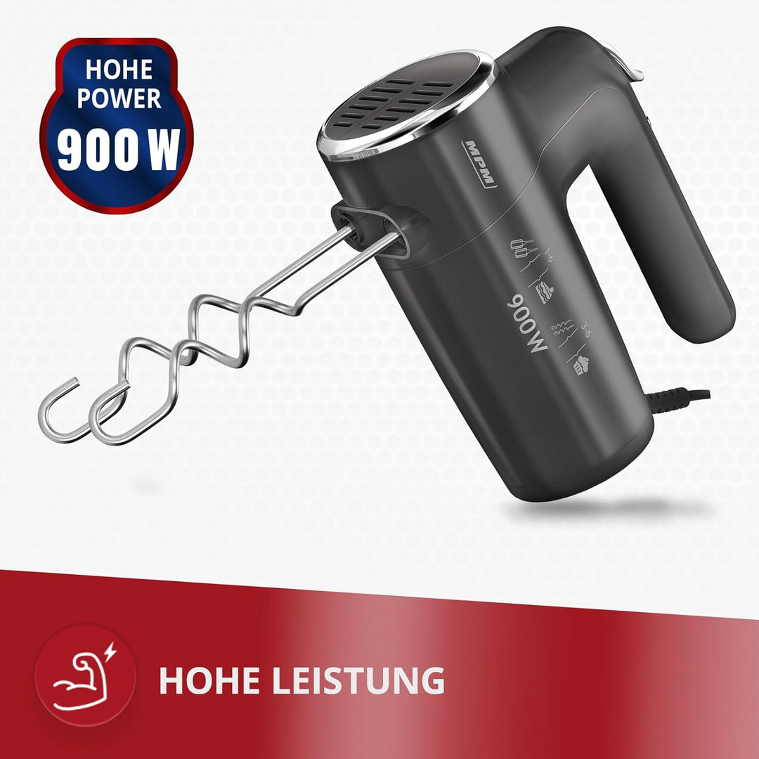 MPM Handmixer mit 2 Rührbesen und 2 Knethaken - 6 Geschwindigkeiten mit Turbotaste - 900 W - Anthraz