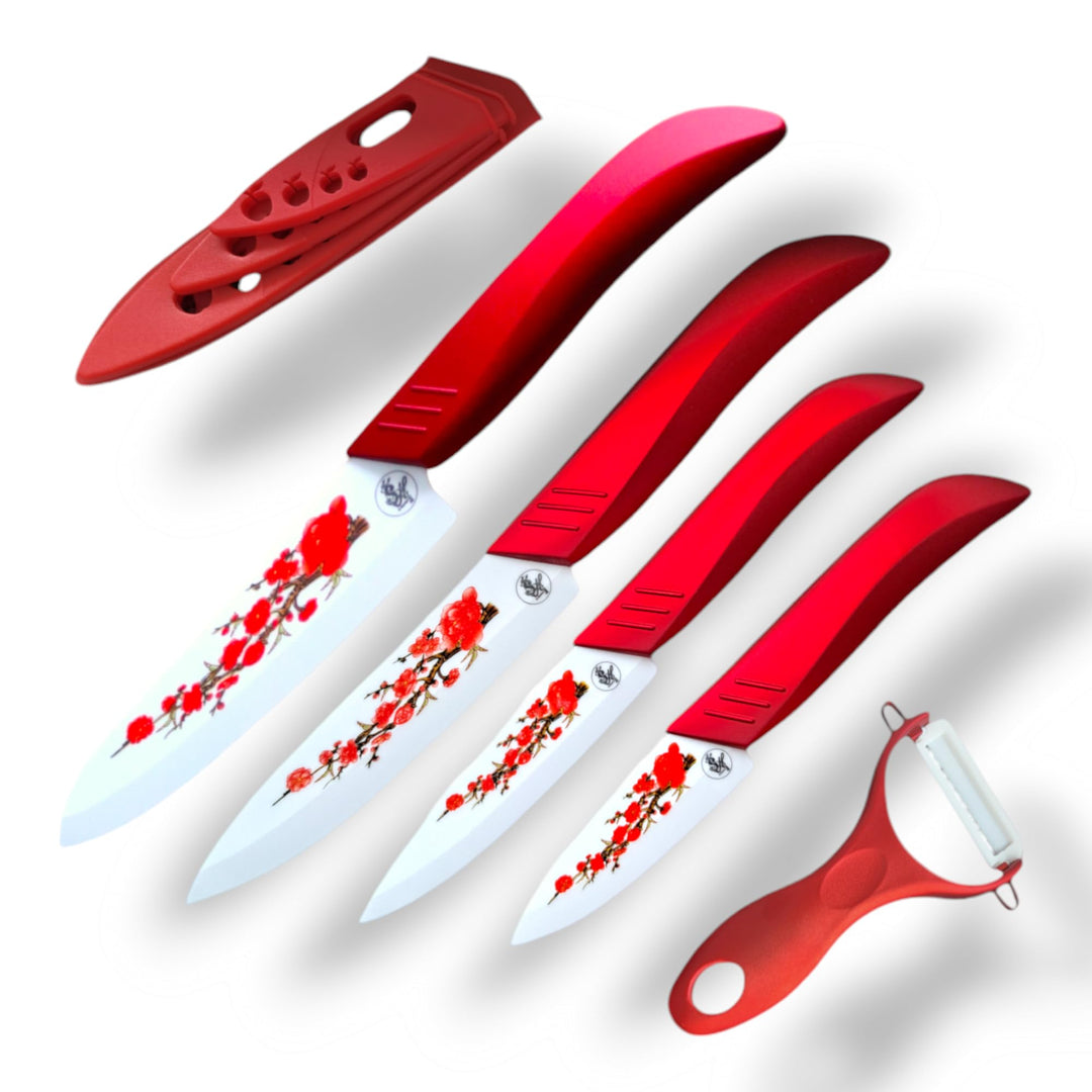 Keramik Messer Set 5-tlg. – Premium Kochmesser, Profi Küchenmesser, Allzweckmesser, Ultra Scharf, Er