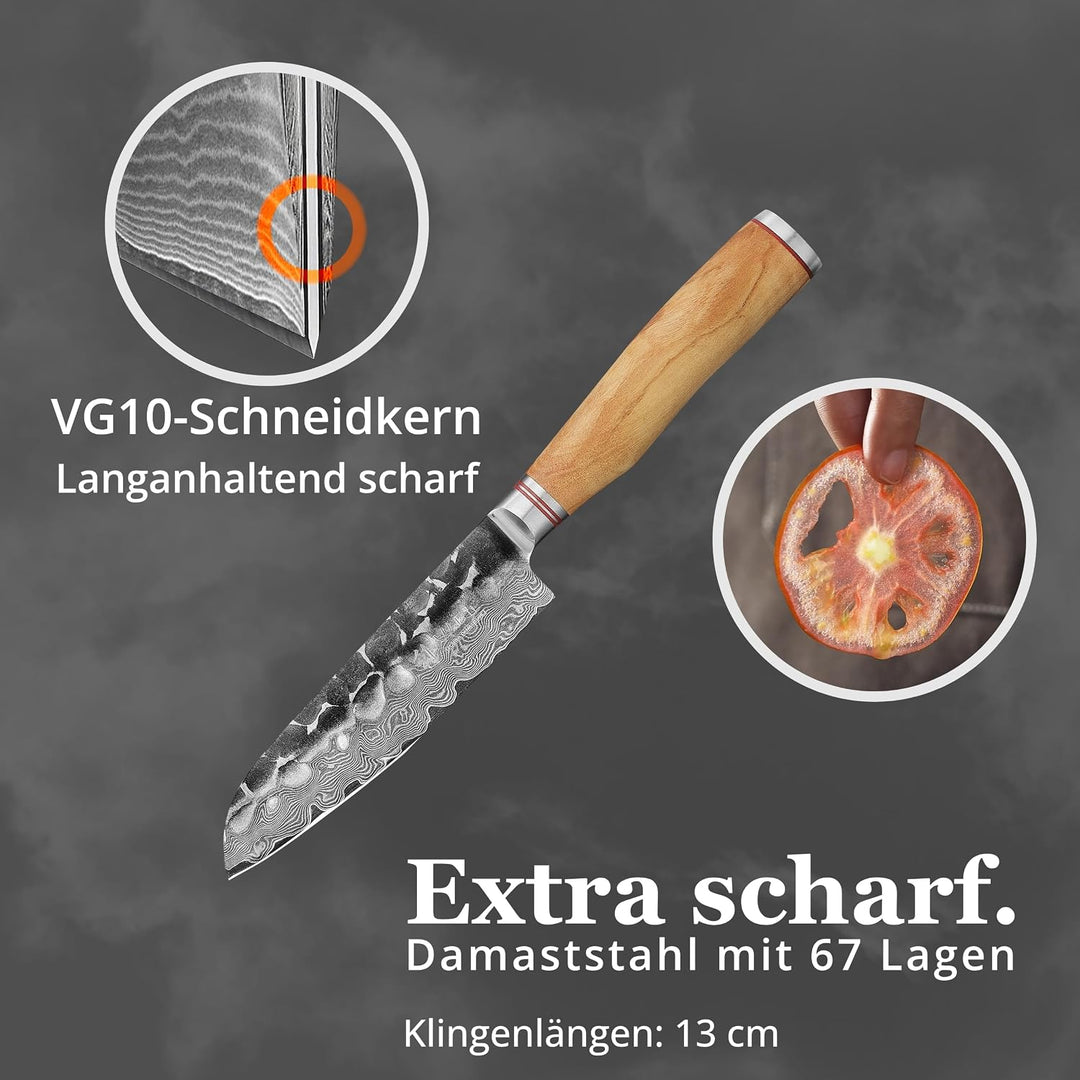 Wakoli Olive HS Serie Damastmesser kleines Santokumesser 13cm Klinge extrem scharf aus 67 Lagen I Da