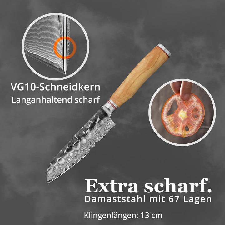 Wakoli Olive HS Serie Damastmesser kleines Santokumesser 13cm Klinge extrem scharf aus 67 Lagen I Da