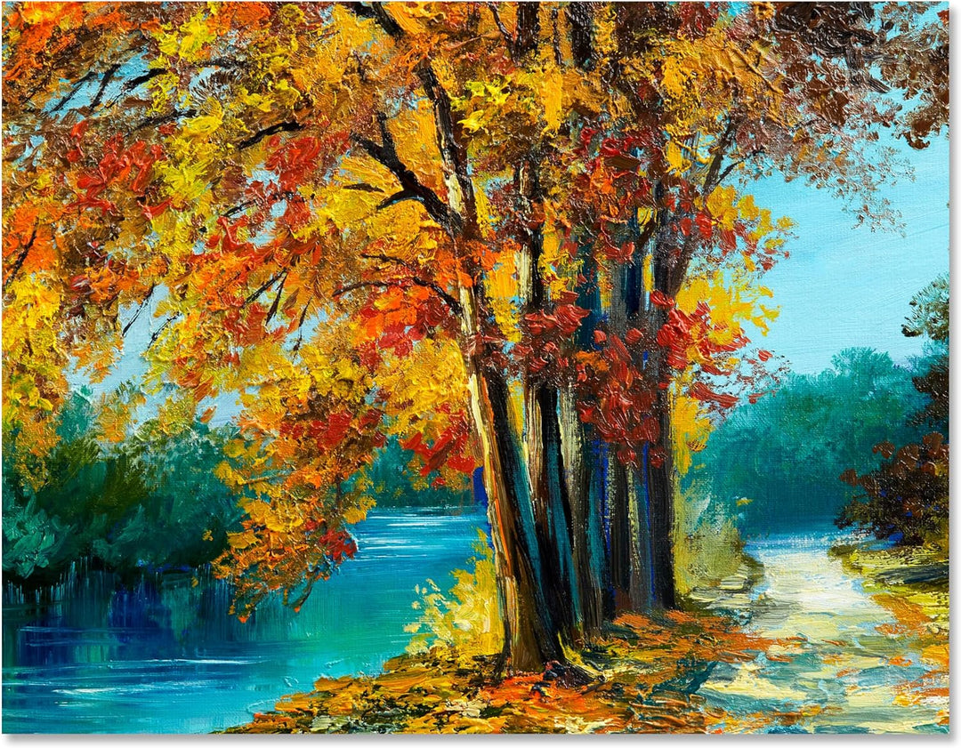 wandmotiv24 Leinwandbild Malerei, 60x45cm, Querformat, Bäume, Weg, Wasser, Deko, Bilder auf Leinwand