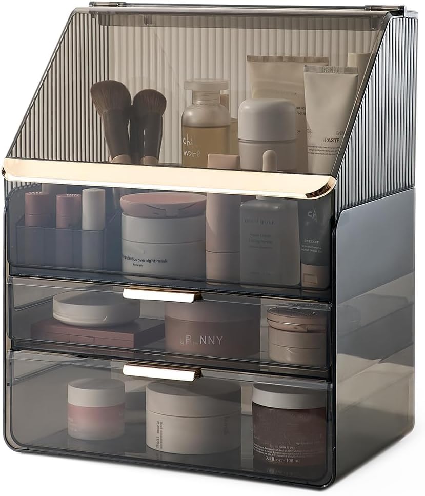 Grosse Make-up-Aufbewahrungsbox, 3-stöckig – Kosmetik-Organizer für die Theke mit Deckel, Schminktis