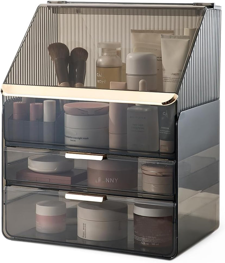 Grosse Make-up-Aufbewahrungsbox, 3-stöckig – Kosmetik-Organizer für die Theke mit Deckel, Schminktis