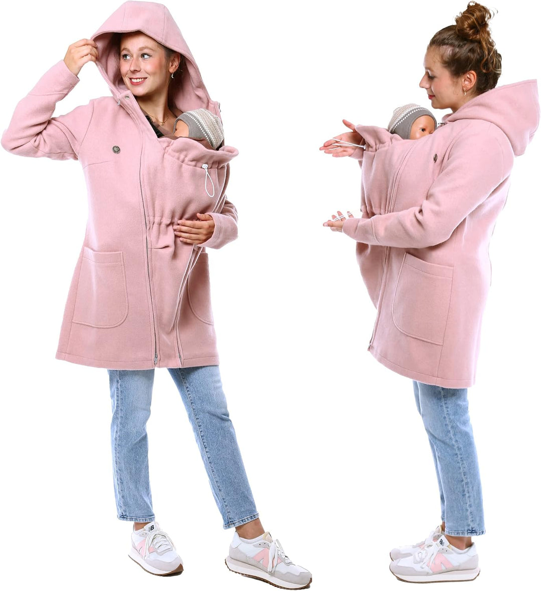 Viva la Mama - schicker Umstands- und Tragemantel für den Winter - VALENTIN XS rosa - vorn und hinte