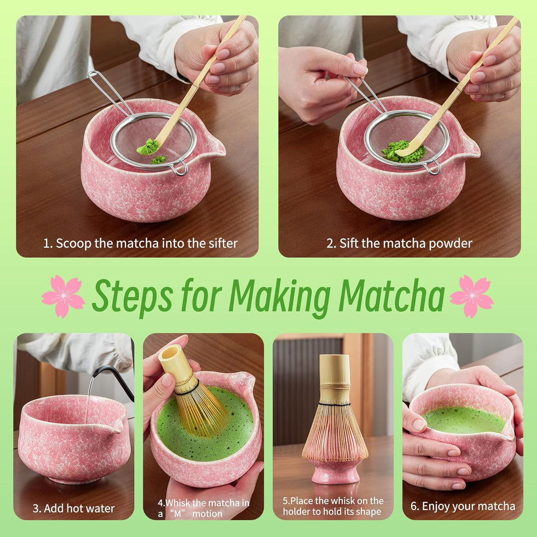 TEANAGOO Matcha-Schneebesen-Set, 7-teilig, rosa für die Herstellung von Latte, Keramikschale (Chawan