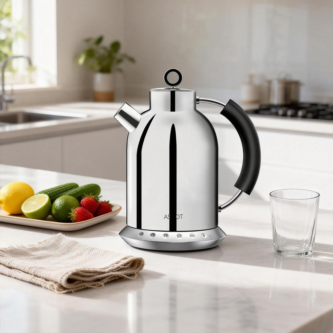 ASCOT Wasserkocher Edelstahl mit 5 variablen Voreinstellungen, Elektrischer Teekessel Kaffee Wasserk
