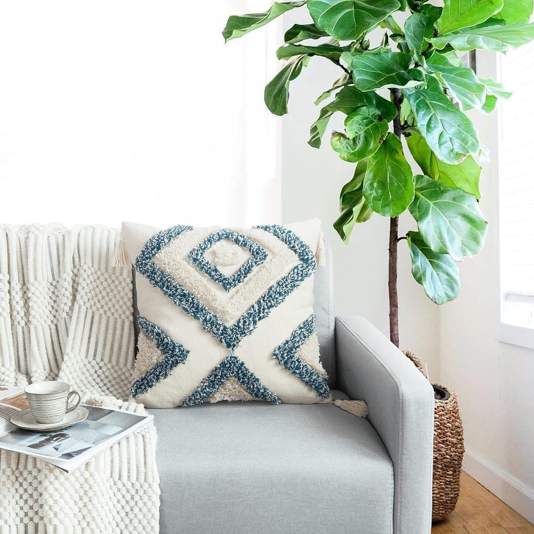 Jasen Dekorativer Boho-Kissenbezug, gewebt, getuftet, mit Quasten, Rautenmuster, für Couch, Sofa, Sc