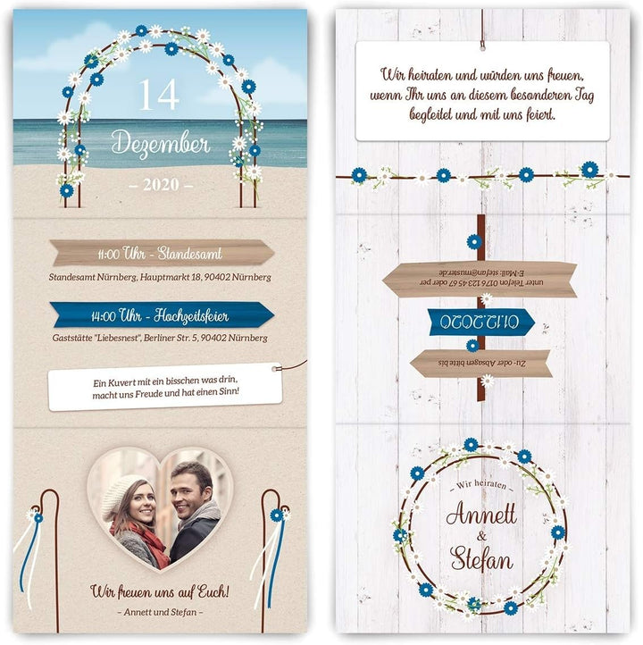 10 x Hochzeitseinladungen individuelle Hochzeit Einladungskarten DIN A6 Klappkarte mit Foto - Strand