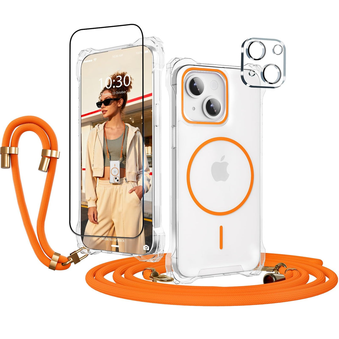 Handyband Abnehmbar für iPhone 13 Hülle mit Band, Orange Langes Band zum Umhängen & Kurzkordel für H