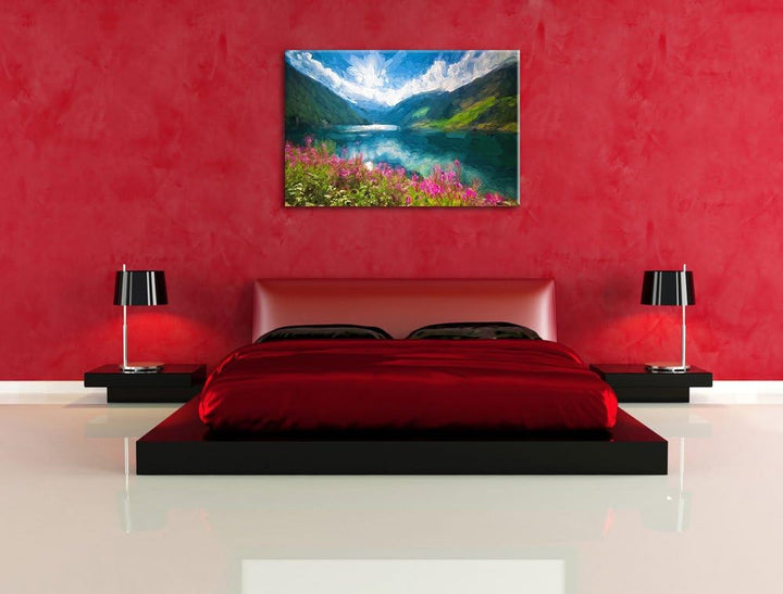 Pixxprint Blumenwiese See als Leinwandbild/Grösse: 100x70 cm/Wandbild/Kunstdruck/fertig bespannt, 10