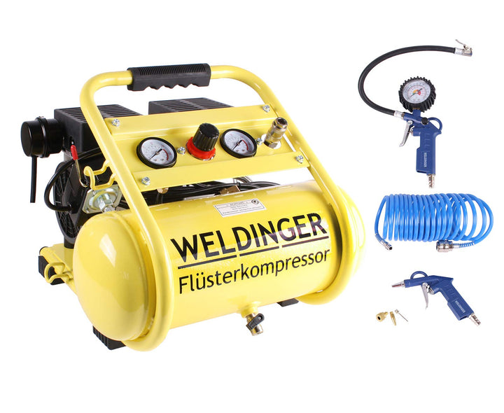 Aktionsset WELDINGER Flüsterkompressor FK 95 compact 750 W Luftabgabe 90 l ölfrei + Druckluftset 6-t