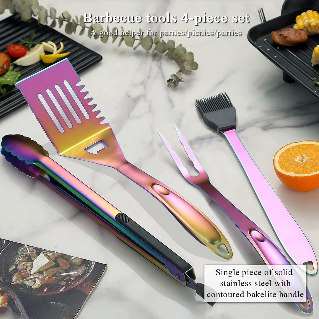 Kyraton Regenbogen Grill Zubehör Kit 4-teilig, Grill Zubehör Set, Titan Bunte Beschichtung Edelstahl