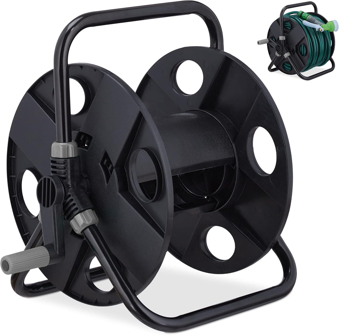 Relaxdays Schlauchtrommel, für 30 m 1/2" Schlauch, Stahl, Kunststoff, Schlauchhalter, HBT: 38 x 42 x
