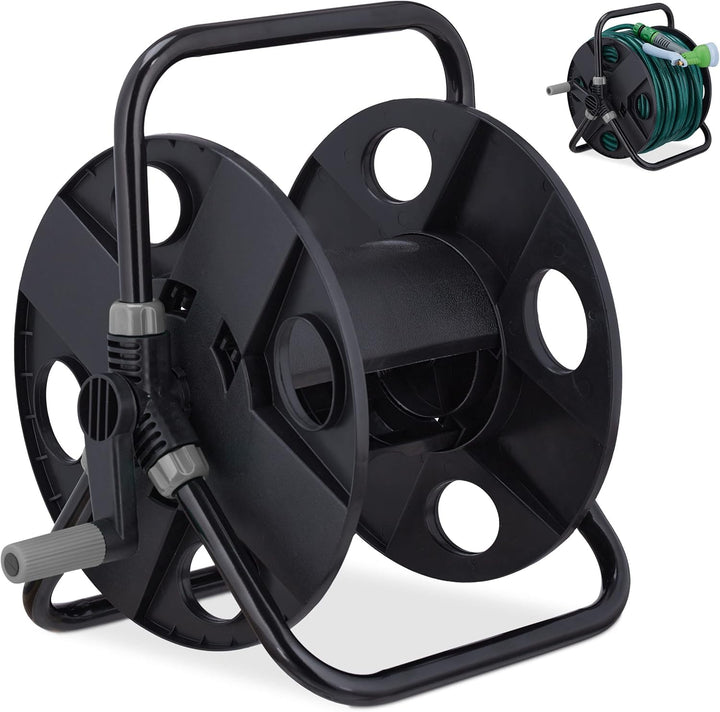 Relaxdays Schlauchtrommel, für 30 m 1/2" Schlauch, Stahl, Kunststoff, Schlauchhalter, HBT: 38 x 42 x