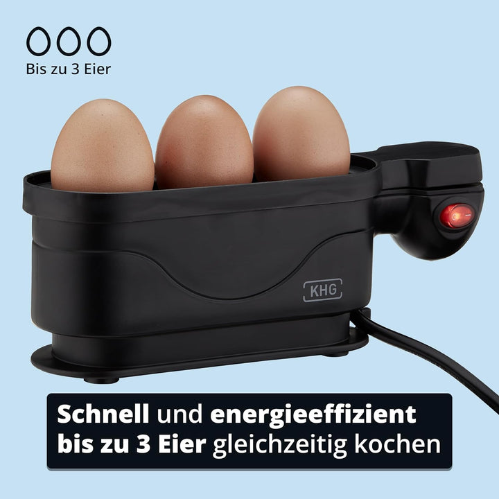 KHG Eierkocher | für 3 Eier, Aluminium Schwarz | mit Warmhaltefunktion im modernen Design sehr einfa